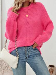 SHEIN LUNE Maglione lavorato a maglia rosa oversize casual da donna, maglia dal design ricciuto in stile europeo e americano, adatto per autunno/inverno - Fucsia - Visualizzare 4