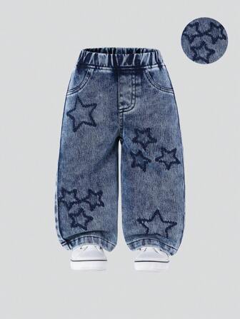 SHEIN Wildeya Baby Mädchen lässige, bequeme, weite, gerade geschnittene Jeans mit Sternen-Stickerei, vielseitig kombinierbar für den Alltag, neue Kollektion 2024