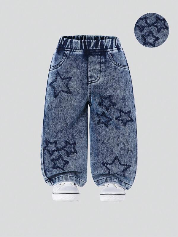 SHEIN Playful Pals Baby Girl Casual Comfortable Loose Wide Leg Straight Star Embroidered Washed Denim Pants, Versatile All-Match Everyday Wear, New 2024 Collection