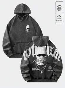 ROMWE MEN Street Life Men's Letter Mask & Figure Print Washed Vintage Hoodie, Streetwear Style, Long Sleeve Top - Black - View 1