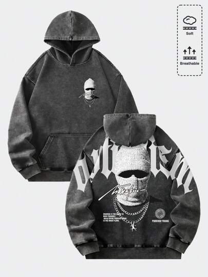 Street Life Men's Letter Mask & Figure Print Washed Vintage Hoodie, Streetwear Style