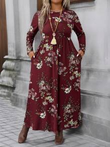 SHEIN LUNE 大码秋季花卉印花优雅连衣裙，休闲风格秋季新年服装长款女装