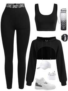 Eassivo Eassivo 女士圆领露背上衣、条纹紧身裤和连帽夹克 3 件套运动服运动服女士套装女士健身套装女士紧身裤套装 - 黑色 - 查看 1