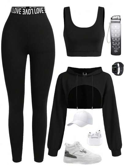 Eassivo Eassivo 女士圆领露背上衣、条纹紧身裤和连帽夹克 3 件套运动服运动服女士套装女士健身套装女士紧身裤套装