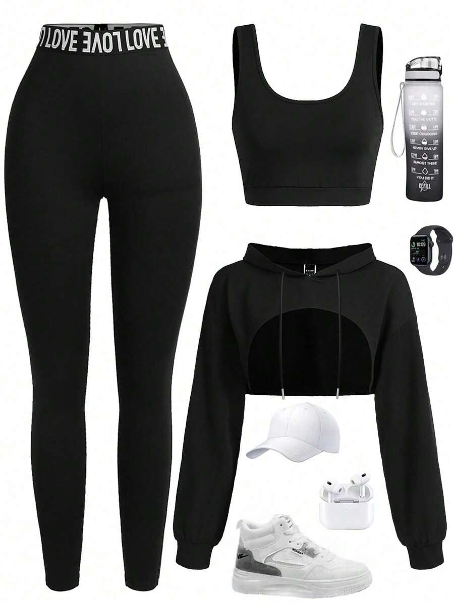 Eassivo Eassivo 女士圆领露背上衣、条纹紧身裤和连帽夹克 3 件套运动服运动服女士套装女士健身套装女士紧身裤套装 - 黑色 - 查看 1