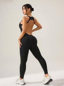 Women Solid Color Backless Round Neck Jumpsuit, For Daily Workout And Fitness