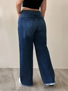 EURMUSE 100%Cotton HIGH RISE STRAIGHT CUT PLUS SIZE LIGHT GREY JEAN - Dark Wash - View 2