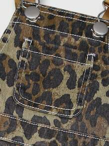 SHEIN Playful Pals Baby Girl Casual Chic Leopard Print Cargo Style Bib Overall Jeans, Versatile Daily Street Fashion Essential 2025 - Multicolor - View 3