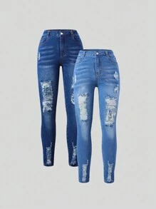 SHEIN 2pcs/Set Tween Girl Elastic Distressed Denim Jeans, School, Campus, College Summer Holiday - Multicolor - View 1