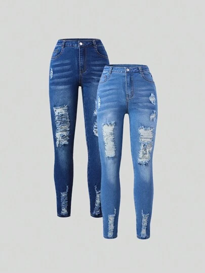2pcs/Set Tween Girls Skinny Stretch Ripped Denim Jeans