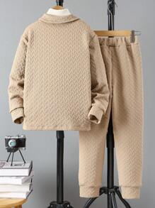 2 stuks tienerjongens buitensporten golvende streep ronde hals sweatshirt + elastische manchetten sport hardloop- en wandelbroekset, modieus voor herfst/winter