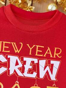 Sudadera de invierno para niña, corte holgado, material de terciopelo, estilo callejero de tendencia, estampado gráfico, diseño oversize retro, patrón de letras en bloque de color, "Familia del Equipo del Año Nuevo 2025" Juego para Navidad - Rojo - Ver 5