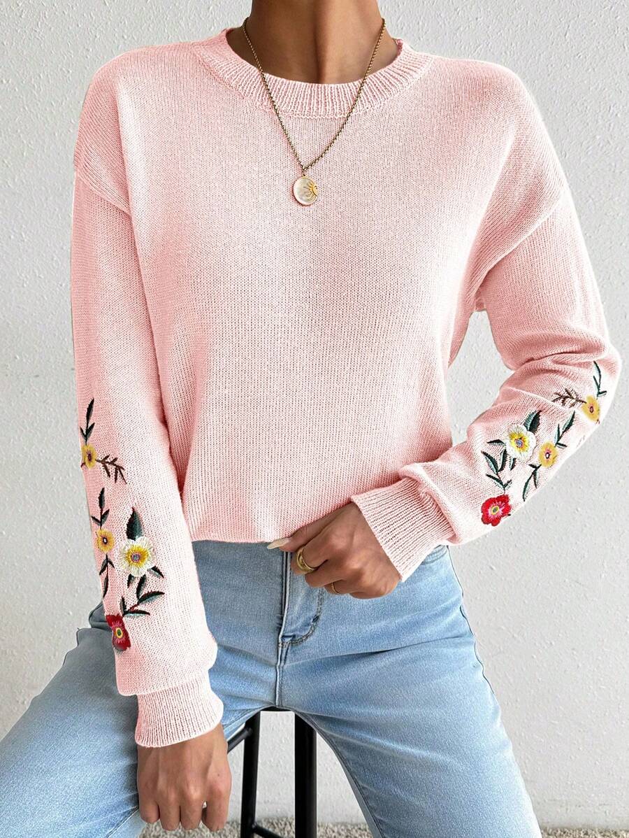 Chiquease 袖子带花卉刺绣，圆领，环形，落肩针织毛衣 - 淺粉色 - 查看 1