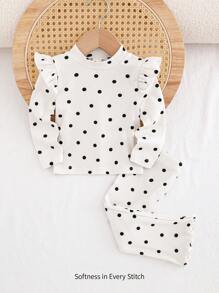 Cozy Pixies 2 件套女宝宝圆点圆领荷叶边长袖上衣和阔腿裤套装 - 杏色 - 查看 6