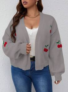 Flirla Plus Size Women Apricot Cherry Embroidered Lantern Sleeve Off Shoulder Casual Knitted Cardigan, Suitable For Autumn/Winter - Grey - View 5