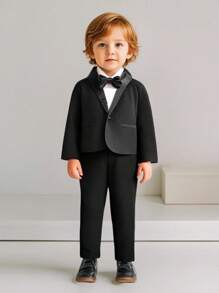 SHEIN 2pcs Baby Boy Gentleman Outfit Set, Includes Lapel Collar Jacket And Loose Pants, Elegant British Style, Soft Fabric, Long Sleeve Jacket With Pocket Design, Elastic Waist Pants, Suitable For Birthday Party, Wedding, Christening - Black - View 8