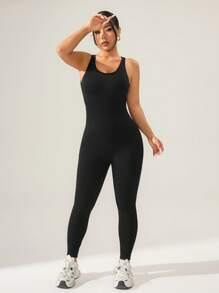 Women Solid Color Backless Round Neck Jumpsuit, For Daily Workout And Fitness