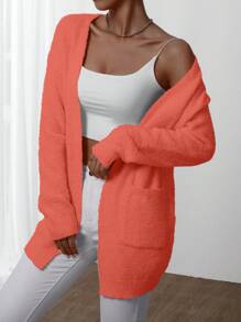 Chiquease 1 pieza Cárdigan de mujer de unicolor de manga larga con bolsillos, blusa casual minimalista - Naranja - Ver 6