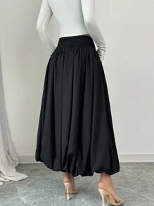 Elenzga 女士纯色褶皱高腰裙，秋季优雅 - 黑色 - 查看 2