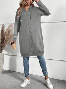 SHEIN LUNE Áo nỉ dài tay có mũ trùm đầu khóa kéo phía trước màu trơn cho nữ mùa thu - Xám - Xem 4