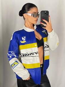 SHEIN ICON 复古摩托车图案拼色宽松 PU 皮夹克，克莱因蓝色 - 彩色 - 查看 6