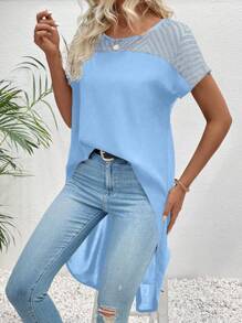 SHEIN LUNE 圆领网眼撞色纯色高低休闲短袖衬衫 - 淺藍色 - 查看 4