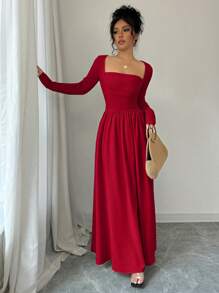 Selianne 女士方领长袖收腰 A 字下摆连衣裙新年衣服长款女装 - 紅色 - 查看 7