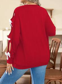 大码蝴蝶结装饰镂空长袖圆领休闲运动衫，适合新年服装 - 紅色 - 查看 2