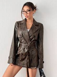 SHEIN EZwear Women's Brown Fashion Street Style New Double Breasted Faux Leather Jacket With Belt - Brown - View 5