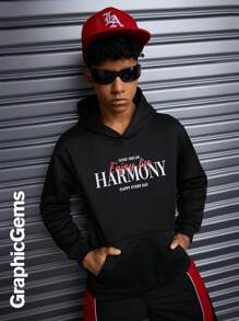 Sudadera con capucha de manga larga casual con estampado de letras para adolescentes varones