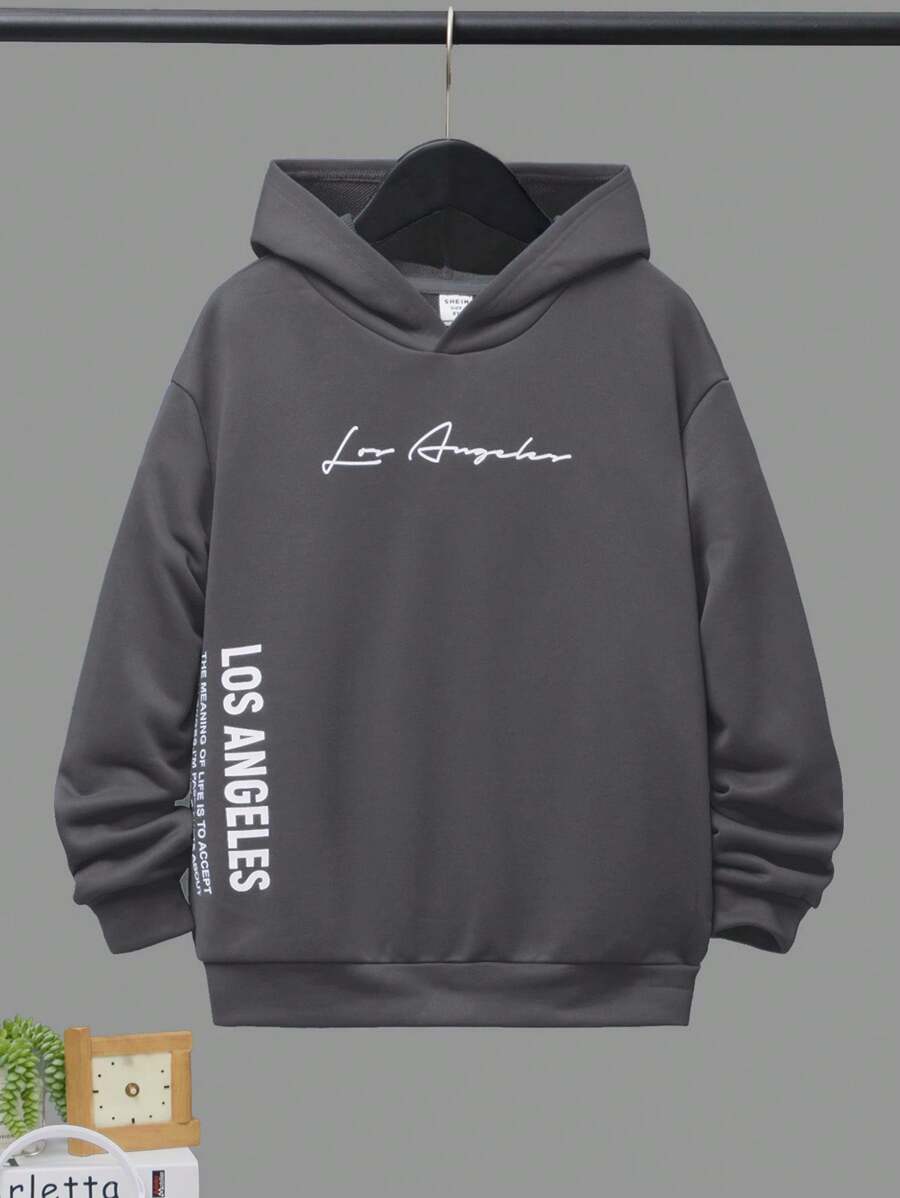 SHEIN Leap Crew 青少年男童休闲字母印花连帽针织卫衣，秋季卫衣 - 灰色 - 查看 1