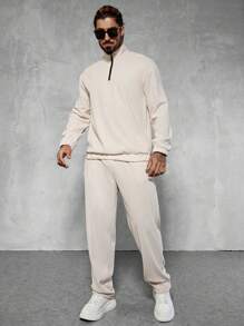 Manfinity Homme 2pcs Men Casual Everyday Zip-Up Loose Sweatshirt And Pants Set, For Autumn,Men Tracksuit,Men Two Pieces Outfits, Men Two Pieces Sweatsuit, Men 2 Pieces Outfit Set, Cream Two Pieces Set Men, Men Casual Two Pieces Set - Beige - View 3