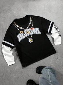 Manfinity EMRG Men's Everyday Casual Pearl Necklace With English Word "BLOOM" And Sunflower Plant Pattern, Hip-Hop Necklace, Black With White Sleeves 2 In 1 Black Sweatshirt, In-Style Ins Fashion - Multicolor - View 3