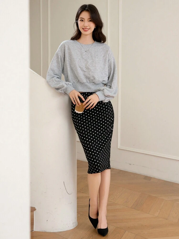 DAZY 1 pieza Sudadera holgada de cuello redondo de unicolor para mujer, de manga larga, casual para uso diario, ropa de otoño - Gris - Añade 5