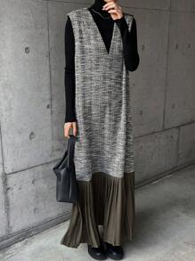 FRIFUL 女式休闲中长连衣裙，撞色褶边，无袖圆领格子