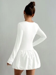 Flirla Women's Solid Color Round Neck Long Sleeve Ruched Simple Casual Skort