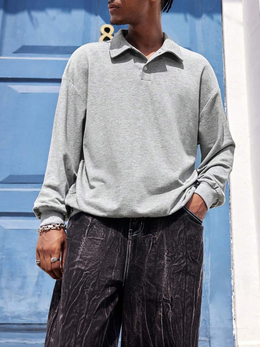 Manfinity Dauomo 男士休闲 Polo 领衬衫，度假休闲街头风格 - 灰色 - 查看 1