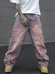 Manfinity EMRG 男士时尚百搭水洗斜口袋宽松牛仔裤 - 淺灰紫 - 查看 5