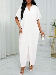 SHEIN Lady Váy Kaftan tay cánh dơi cổ xẻ mùa thu đông - trắng - Xem 6