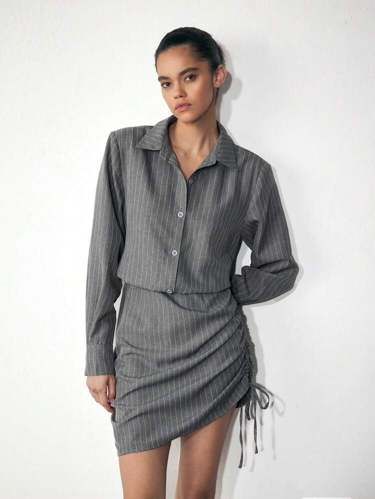 SHEIN Maija Women Casual Striped Side Drawstring Short Dress, Autumn/Winter