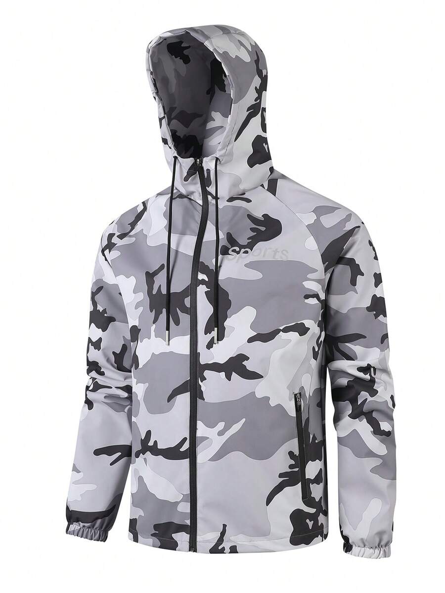 Manfinity Running Boyfriend Style Men Camouflage & Letter Print Raglan Sleeve Zip-Up Drawstring Hooded Sport Jacket - Light Grey - View 1
