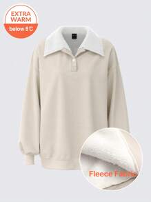 SHEIN BASICS 女士休闲纯色编织领长袖宽松保暖内衬保暖运动衫，日常通勤，温暖舒适，保暖护理 - 杏色 - 查看 1