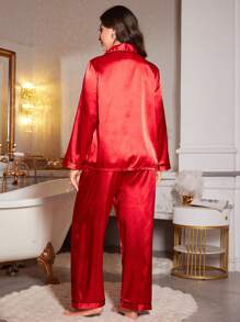 LuxeNights Plus Size Turndown Collar Pockets Embroidery Faux Silk Top & Pants Pajamas Set, Cozy And Elegant Details, Fall Winter Clothes - Red - View 2