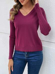EMERY ROSE Ladies' Purple V-Neck Long Sleeve Twisted Yarn Sweater Thanksgiving Sweater - Purple - View 4