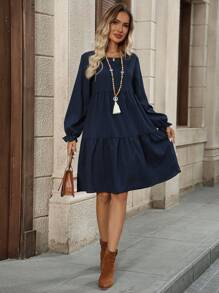 EMERY ROSE Women Solid Color Crew Neck Long Sleeve Pleated Mini Casual Dress