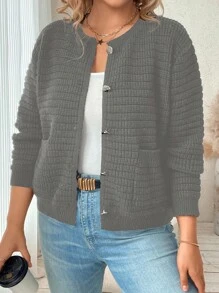 Franclia Plus Size Casual Solid Color Double Pocket Cardigan, Autumn/Winter - Dark Grey - View 1