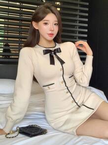 DAZY 女士优雅拼色修身毛衣裙，适合秋冬季，秋季女装 - 米色 - 查看 2
