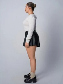 SHEIN EZwear Quần short chữ A bằng da PU đơn giản màu trơn cỡ lớn, mặc thường ngày - màu đen - Xem 7