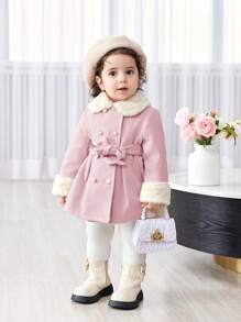 SHEIN Baby Girl Warm & Fashionable Furry Collar Mid-Length Belt Coat, Autumn/Winter Clothes - Multicolor - View 9