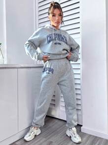 Flirla 2 件套女士字母印花连帽长袖上衣和裤子，休闲装 - 灰色 - 查看 5